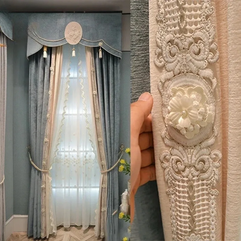 Spliced Chenille Relief Embroidery Luxury Thermal Insulated Blackout Noise Reducing Privacy Curtains for Living Dining Bedroom