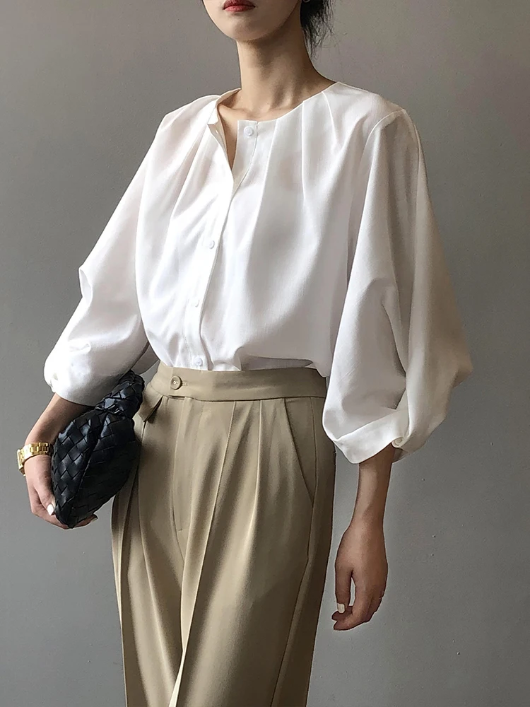 Minimalism Elegant White Shirt Single-Breasted Button Down Blouse Lantern Sleeve Luxury 3/4 Sleeve Office Ladies Quality Blouses