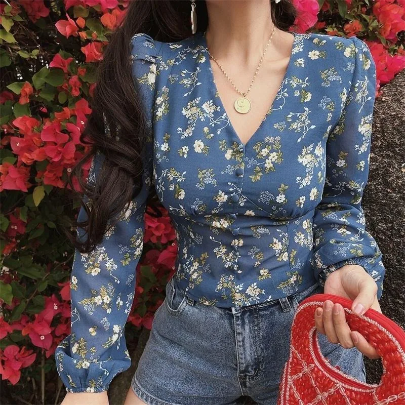

Шифоновая рубашка в стиле ретро для женщин, новинка 2025 года, нишевый тонкий топ с v-образным вырезом и длинными рукавами с принтом
