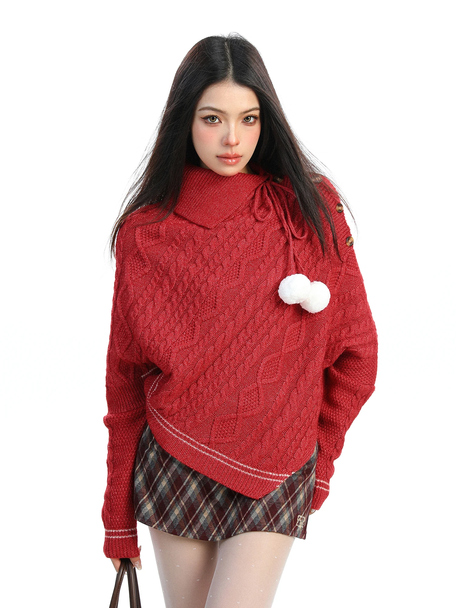 

Red High Collar Batwing Sve Sweater Women's Autumn Winter Slimming Cloak Top Casual Loose Fit Comfortable Knitted Sweater