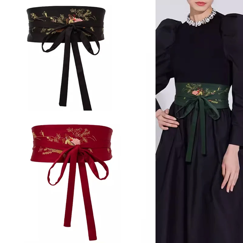 

Embroidery Wide Waist Belt for Women Seft Tied Wrap Around Obi Retro Boho Dress Belts Ladies Female Corset Cincher Waistband