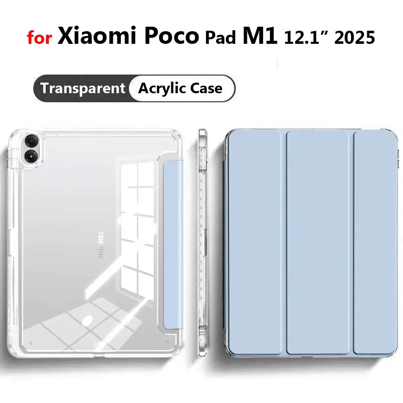 

Чехол для Xiaomi Poco Pad M1 12,1 дюйма, 2025 г., трехскладная подставка-фолио, защитная крышка, анти-гиб, акриловый прозрачный кристаллический чехол для планшета