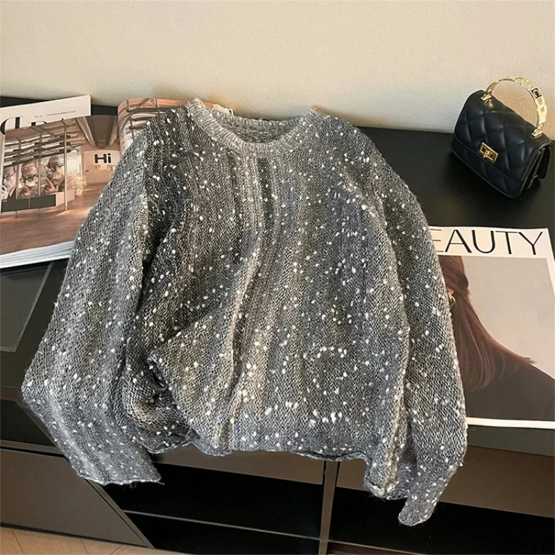 2024 New Fall Winter Women French Vintage Long Sleeve Sweater O-Neck Sequin Knitwear Money Luxury Jumper Aesthetic Cuddly