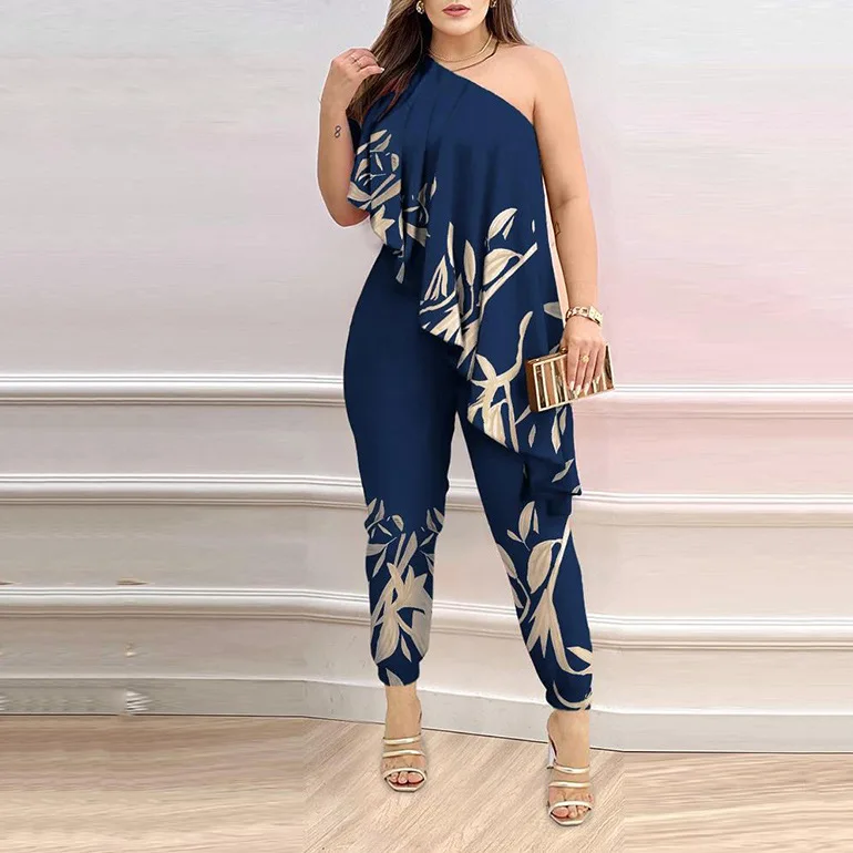 Women Summer Contrast Leopard Print One Shoulder Asymmetrical Ruffles Jumpsuit