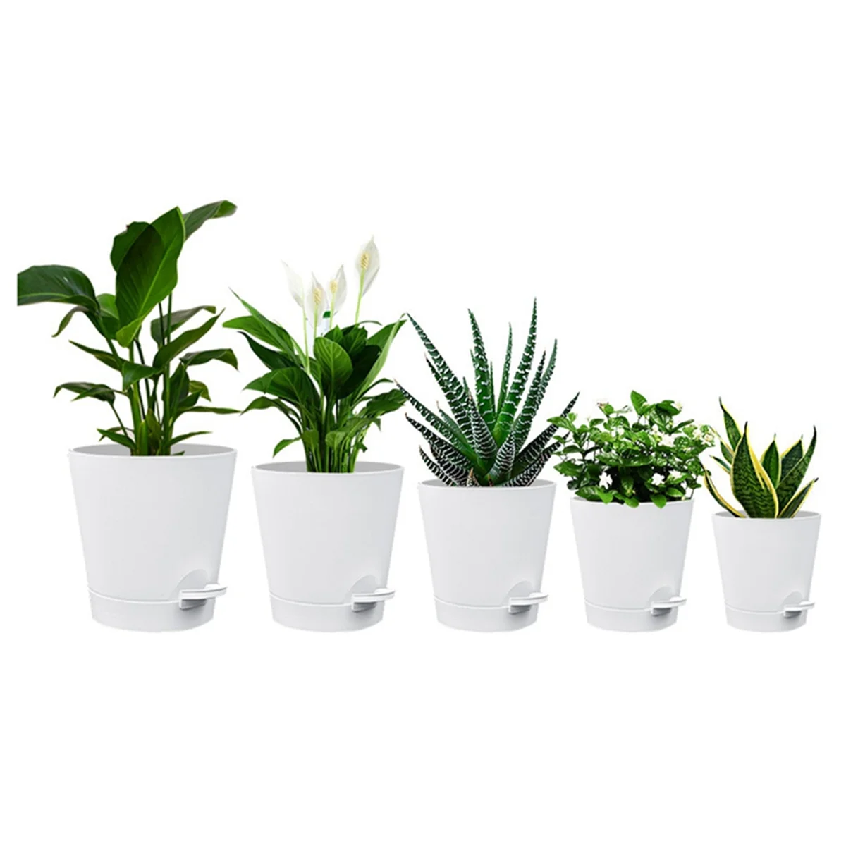 5 Pack 5 Inch Self Watering Pots for Indoor Plants, Flower Pots Planter with Drainage Holes and Wick Rope White