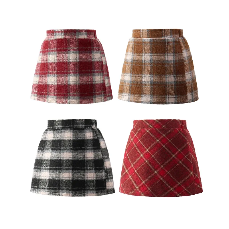 Kids Girls Khaki Plaid Skirts 2026 New Fashion Children Casual Woolen Skirt Spring Autumn Cltohing Thin Package Hip Skirts