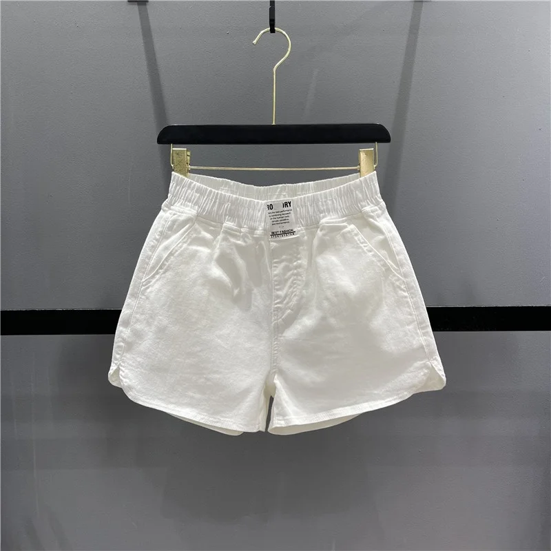 Summer 2026 Candy Colored Label Elastic Waist Casual Denim Shorts Women Loose A-Line Wide Leg Pants Hot Pants High Waist Cott...
