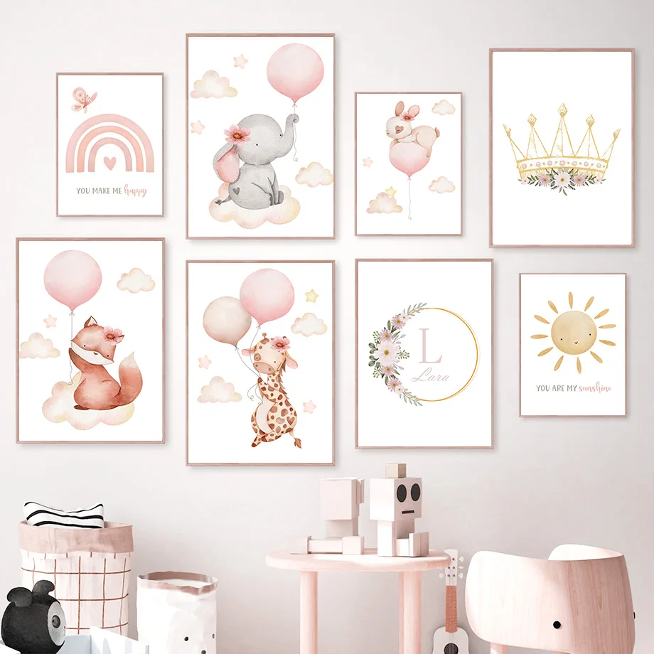 Blush Pink Nursery Wall Art Baby Girl Watercolor Canvas Prints Cute Animal Balloon Posters Pictures for Baby Room Playroom Decor