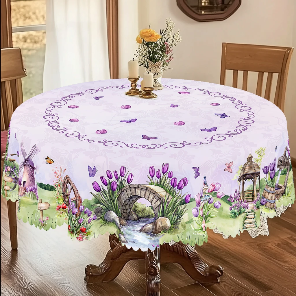 1 Piece of Spring/Summer Printed Round and Rectangular Tablecloth, Available in Various Sizes, with Purple Tulips and Lavender Interwoven, Featuring a Vintage Scroll Border and Butterfly Petal Embellishments, with Embossed Edges, Suitable for Home Dining Rooms, Outdoor Picnics, Spring Home Decor, and Spring Atmosphere Decoration