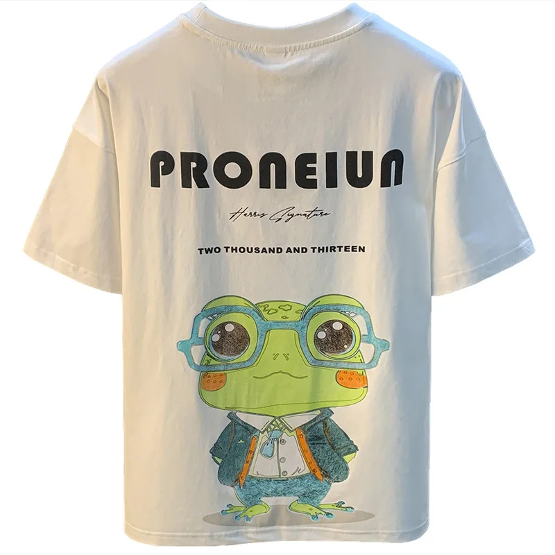 Casual short sleeve T-shirt men's summer thin loose frog cartoon printed half sleeve clothes high-end street fashion tops