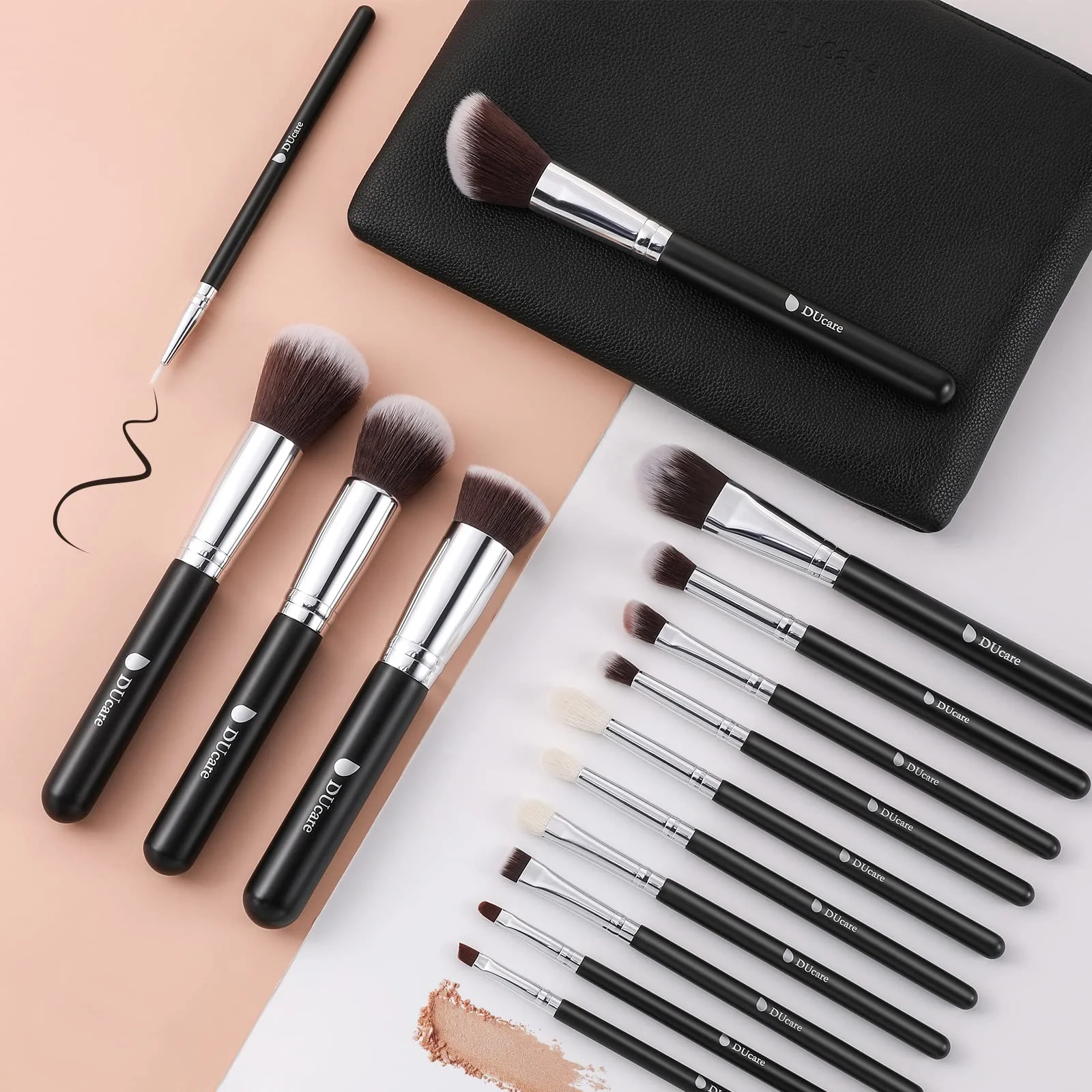 DUcare 15Pcs Makeup Brushes Set Travel Foundation Blending Blush Eyeliner Eyeshadow Eyebrow Concealer Brushes Kit Black with Bag