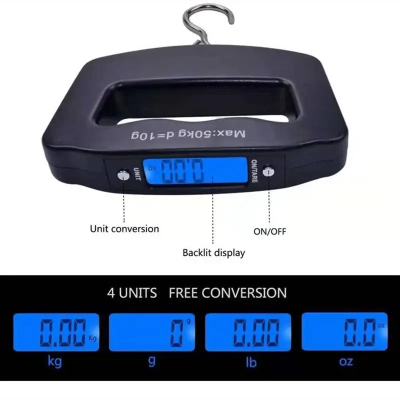 50kg/110lb Portable Scale LCD Digital Luggage Suitcase Scale Handled Travel Baggage Bag Fish Weighting Hook Hanging Scales