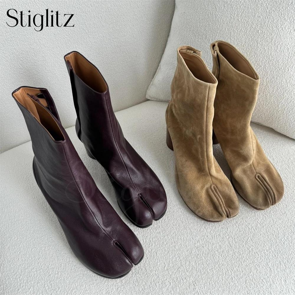 High Heeled Tabi Ankle Boots for Men Custom Made Multicolor Faux Sheepskin Buckle Booties Brown Khaki Designer Novel Style Boots