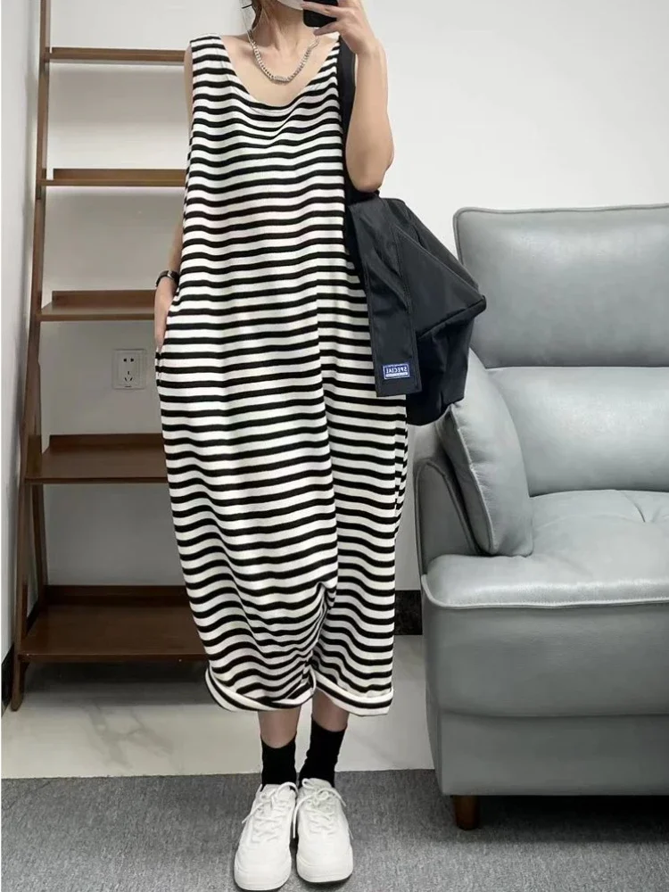 Striped Jumpsuits Women Retro Summer Ins Baggy Chic Casual High Street Sleeveless Korean Fashion Minimalist All-match One Piece