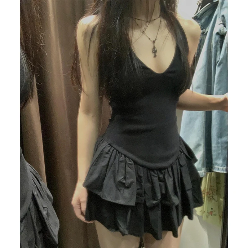 MEXZT Y2K Mini Abito Nero Donna Fashion Party Sexy Ruffles Halter Abiti Estate Gyaru Coreano Scollo a V Backless Aderente Abiti