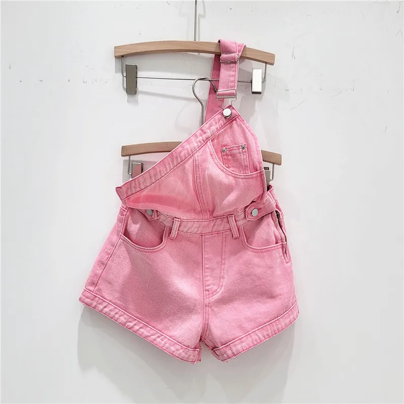 

2024 Women's Summer New Western Fashion Single Shoulder Strap Jumpsuit Denim Shorts Wide Leg A-Line Shoulder Strap Pants Y2K