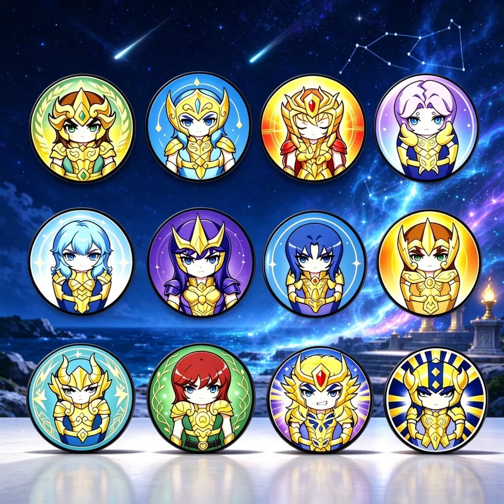 12 Golden Saint Seiya Zodiac Pins Set, Anime Twelve Gold Saints Enamel Brooches, Constellation Lapel Badges Collectible Gift