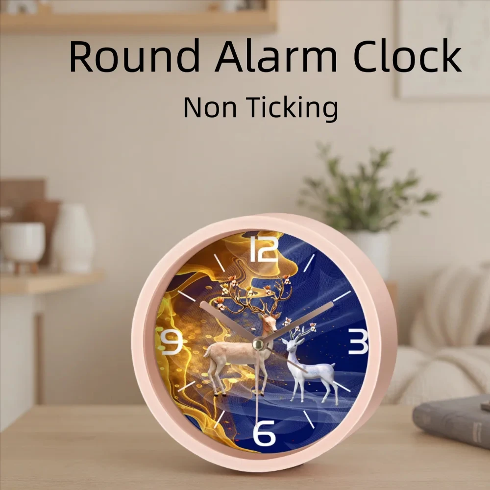 Luxury Deer Silent Alarm Clock Non-Ticking Quartz Desk Clock Abstract Blue Golden Design for Bedroom Living Room Home Decor