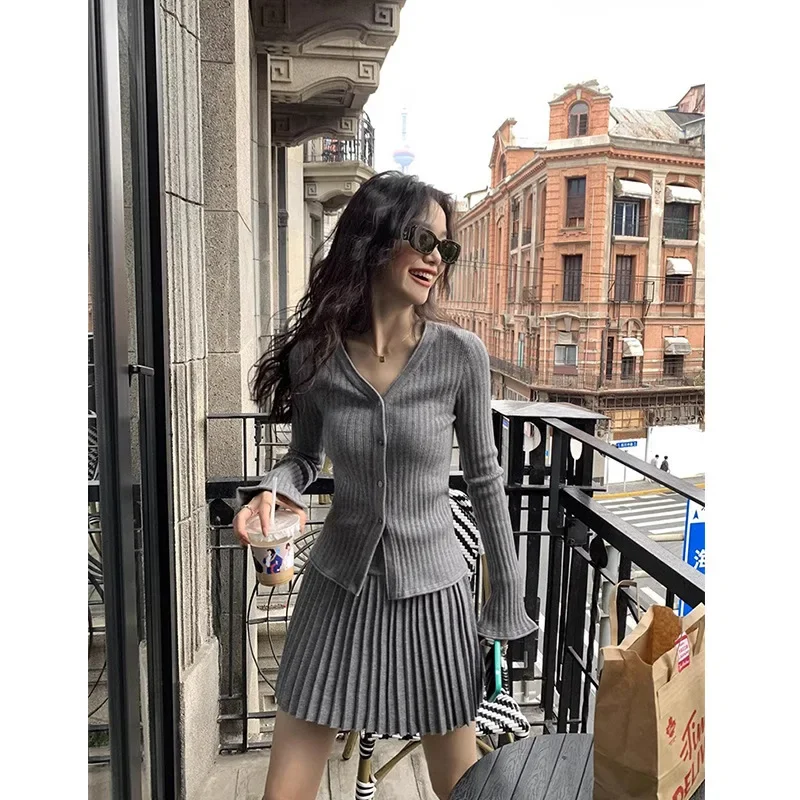 Autumn Women Knit Set Korean Fashion Girls Sweet Slim Knit Cardigan Y2k Tops Elastic Waist Mini Pleated Skirt 2pcs Matching Set