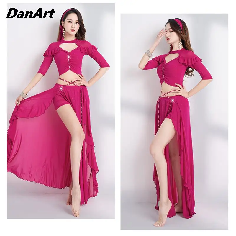 

Sexy Women Belly Dance Performance Costume Set Oriental Dance Training Suit Adult Show Clothing Elegant Top+Long Dress+Hair Band