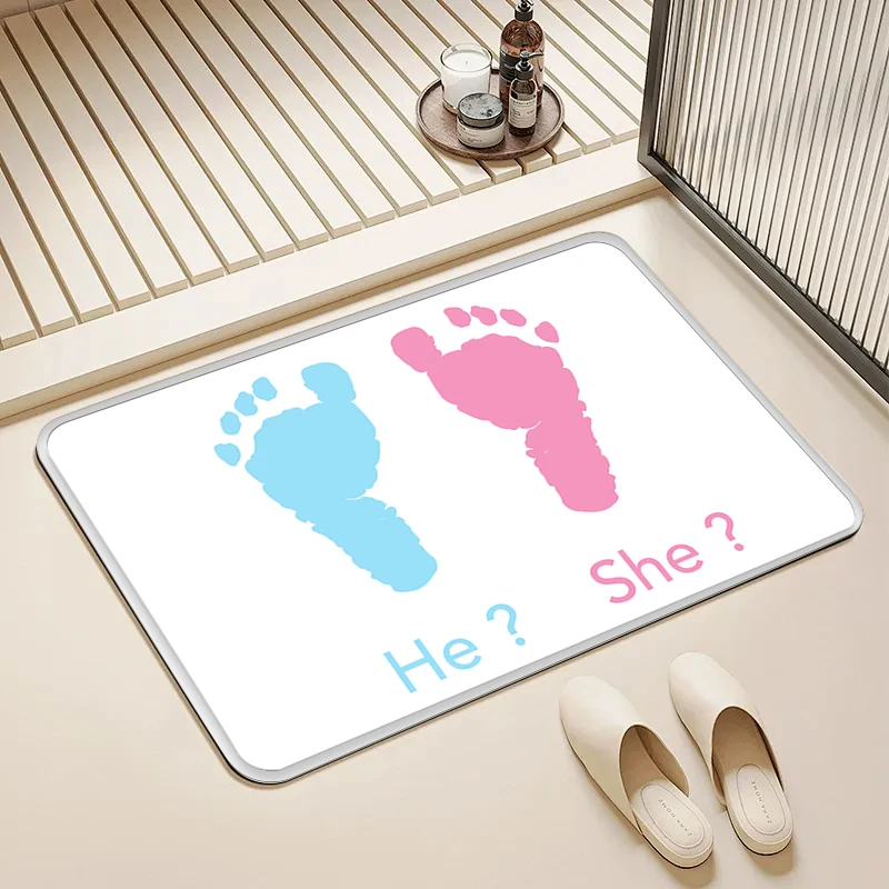 

"He She" Baby Footprint Door Mat Non-Slip Washable Floor Rug for Home Nursery Decor
