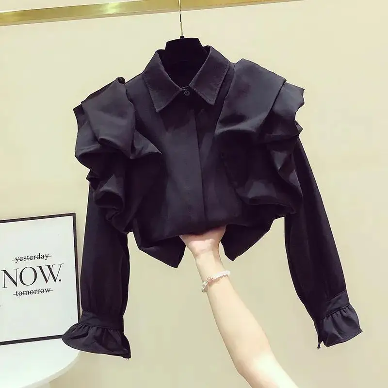 Black White Shirts Flare Sleeve Tops Chemises Femme Casual New Blusas Mujer De Moda 2024 Verano Elegantes Ruffle Blouse Shirt