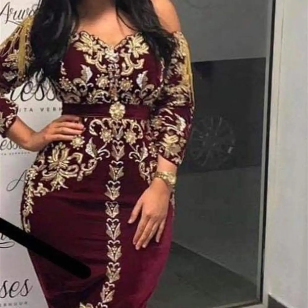 Evening Haute Embroidery Lace Couture Red Gown One Neck Long Sleeve Belt Pearl Moroccan Kaftan Arabian Tunisian Morrocan
