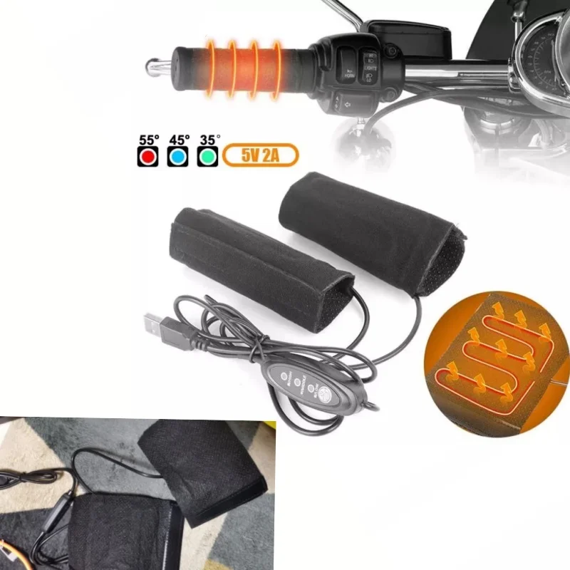 A Pair Motorcycle Heated Grips USB Electric Hot Handlebar Warmer Removable Warm Grip Adjustable 3 Speed Temperature Waterproof