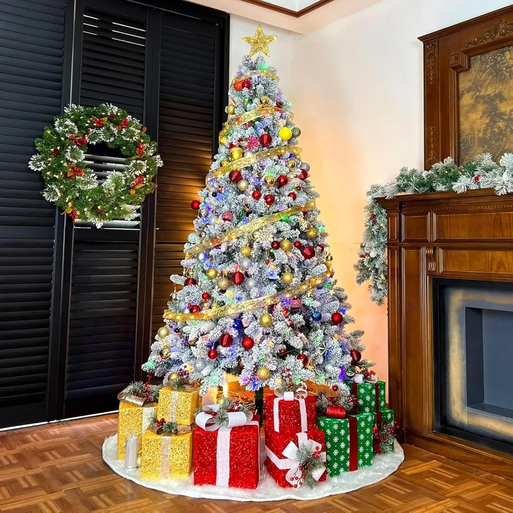 شجرة عيد الميلاد الاصطناعية الثلجية بطول 7.5 أقدام مع 450 مصباح LED متعدد الألوان ونصائح فرع 1446، وحامل معدني #6