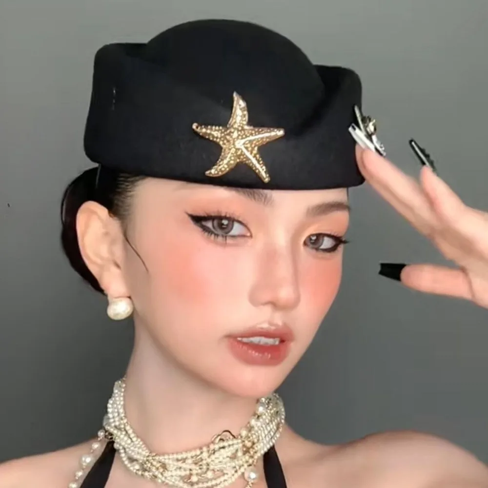 Vintage Rhinestone Topper Hat Flat-top British Style Wool Beret Hat Large Size Black Flight Attendant Hat Church