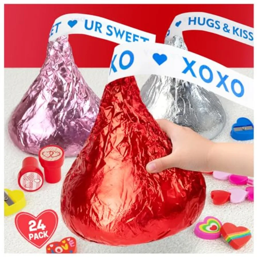 

Valentines Day Gifts for - 24 Pack Giant Chocolate-Shaped Stationery Set with Pencils Stickers Gift Tags Erasers Stamper Sharpe