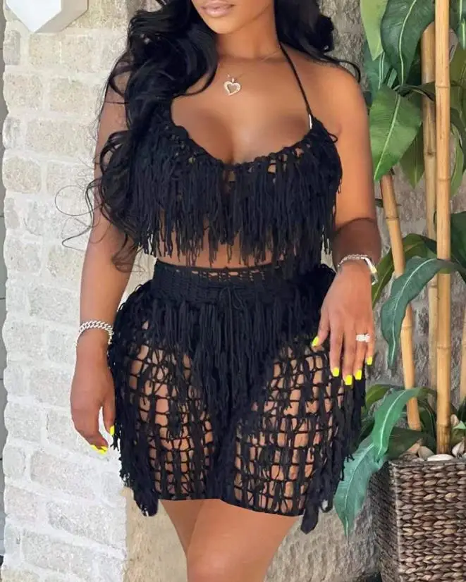 Two Piece Set Women Outfit 2024 Summer Sexy Spaghetti Strap Backless Crop Crochet Top & Tassel Design Beach Vacation Shorts Set