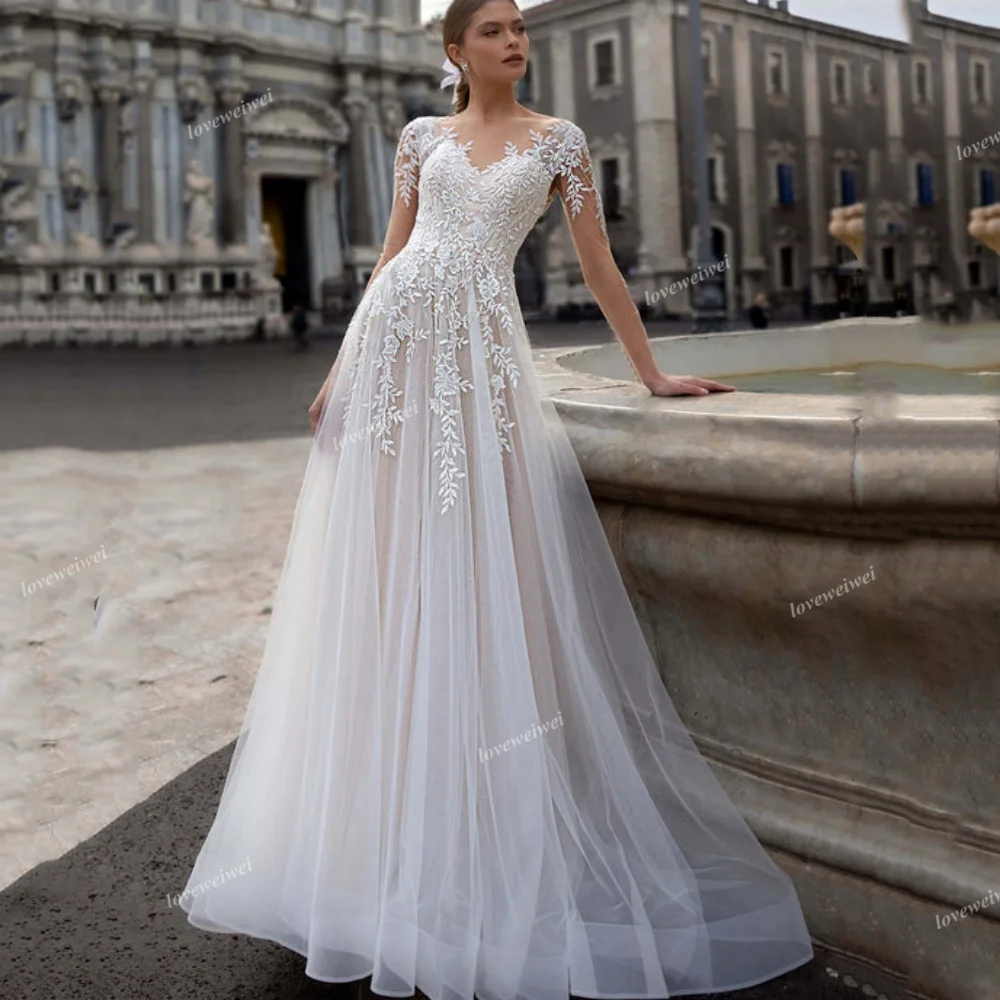 Abito da sposa moderno in pizzo con applicazioni a-line per la sposa Tulle di lusso manica lunga rosa eleganti abiti da sposa nuovi abiti da sposa