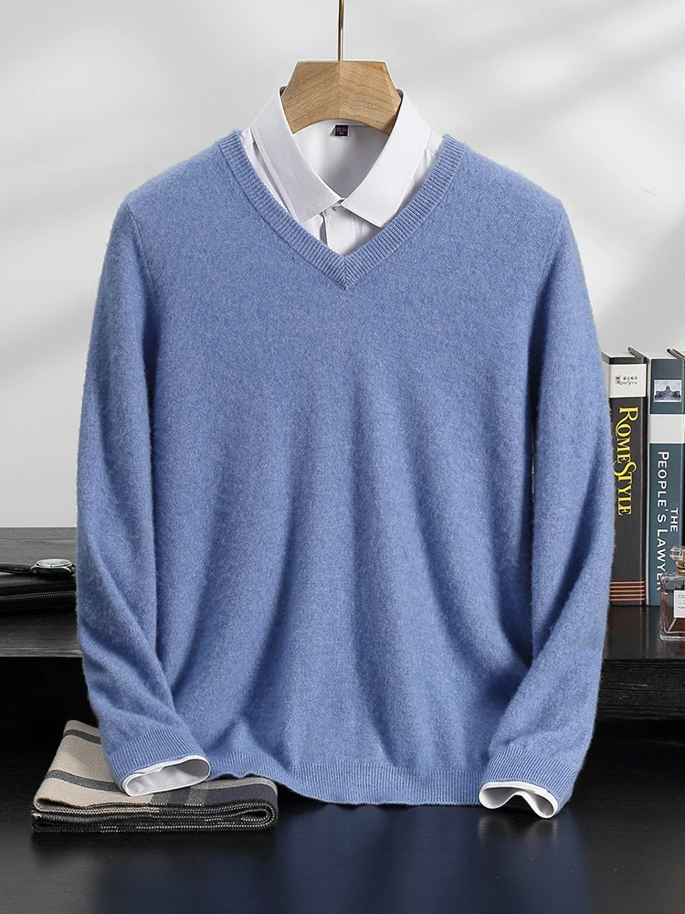 100% Cashmere Sweater Men's V-Neck Knitted Pullover Autumn Winter New Solid Color Long Sleeved Tops Basic and Versatile Menswear