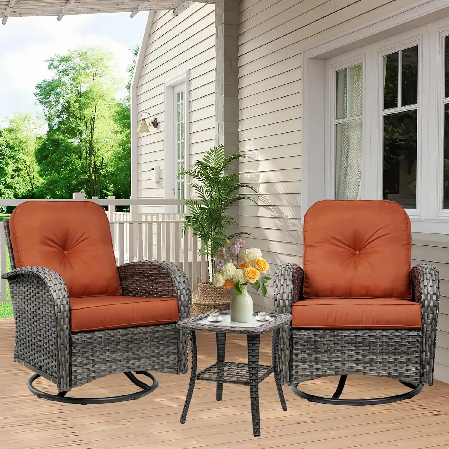 

360° Swivel Rocker Patio Set of 2 - All-Weather PE Wicker Chairs with 4" Thick Cushions & Glass Side Table, High Back Outdoor Fu