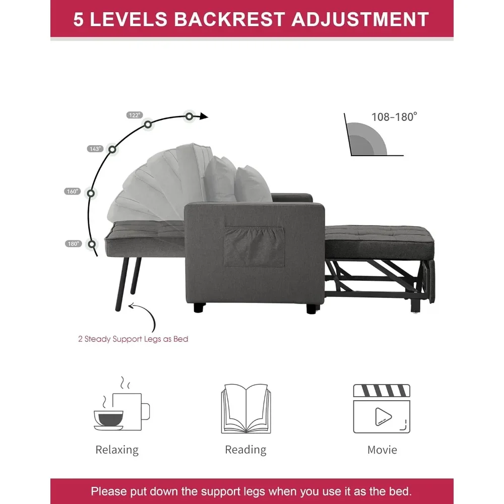 Futon Chair Turns Into Bed Linenette Sofa Chair for Living Room 1 Person Recliner 3 in 1 Deep Gray Relax Furniture Home