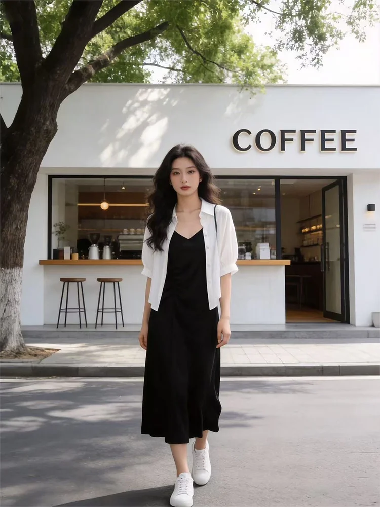 

Summer Slimming Two-Piece Set Women's Loose Fit Long Sleeve Sun Protection Shirt And Strap Dress Fashionable Midi Skirt