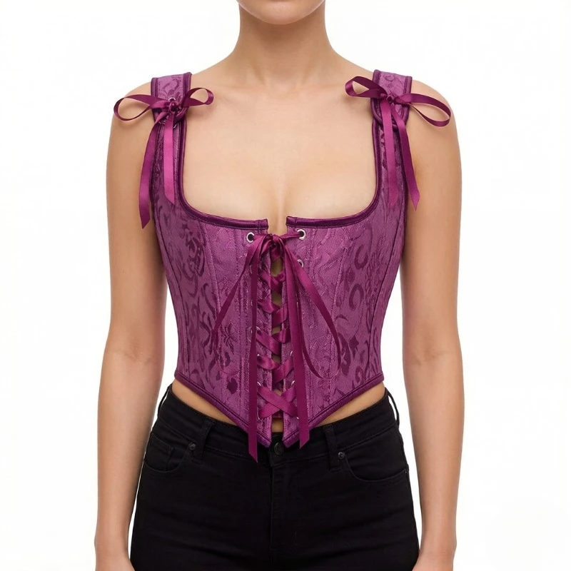 

Women Jacquard Strap Corset Top Square Neck Lace Up Ribbon Tie Waist Cincher Vintage Bustier Party Shaper