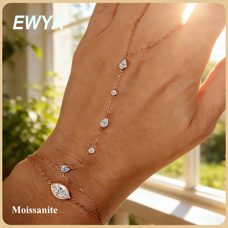 EWYA Dainty All Pear Round Cut Moissanite Finger Chain Bracelets Women 14-20cm Wrist Size Adjustable s925 Silver Hand Jewelry