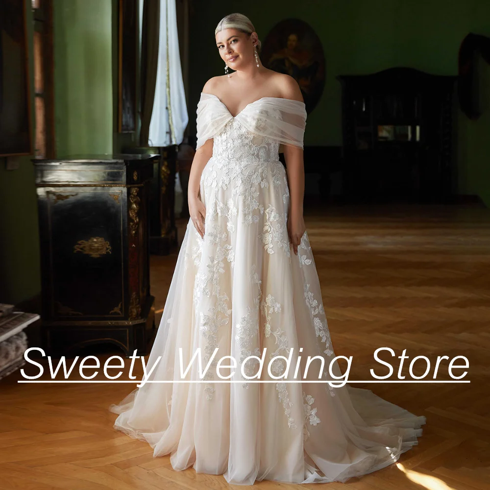 Plus Size Woman Wedding Dress Off The Shoulder V Neck Exquisite Applique Tulle A Line Champagne Bridal Gown Vestido Noiva