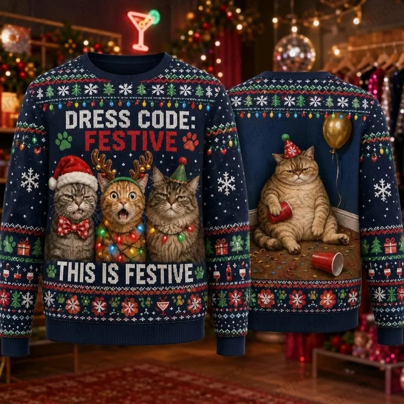 Ugly Christmas Sweater Funny Cat Party Crewneck Sweatshirt Polyester 3D Print Holiday Party Pullover Gift Men Women