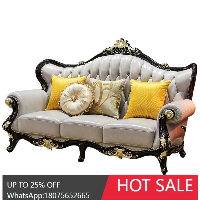 

HLZ European Style Sofa Set Small Apartment Genuine Leather Sofa Solid Wood Living Room Complete Light Luxury Furniture