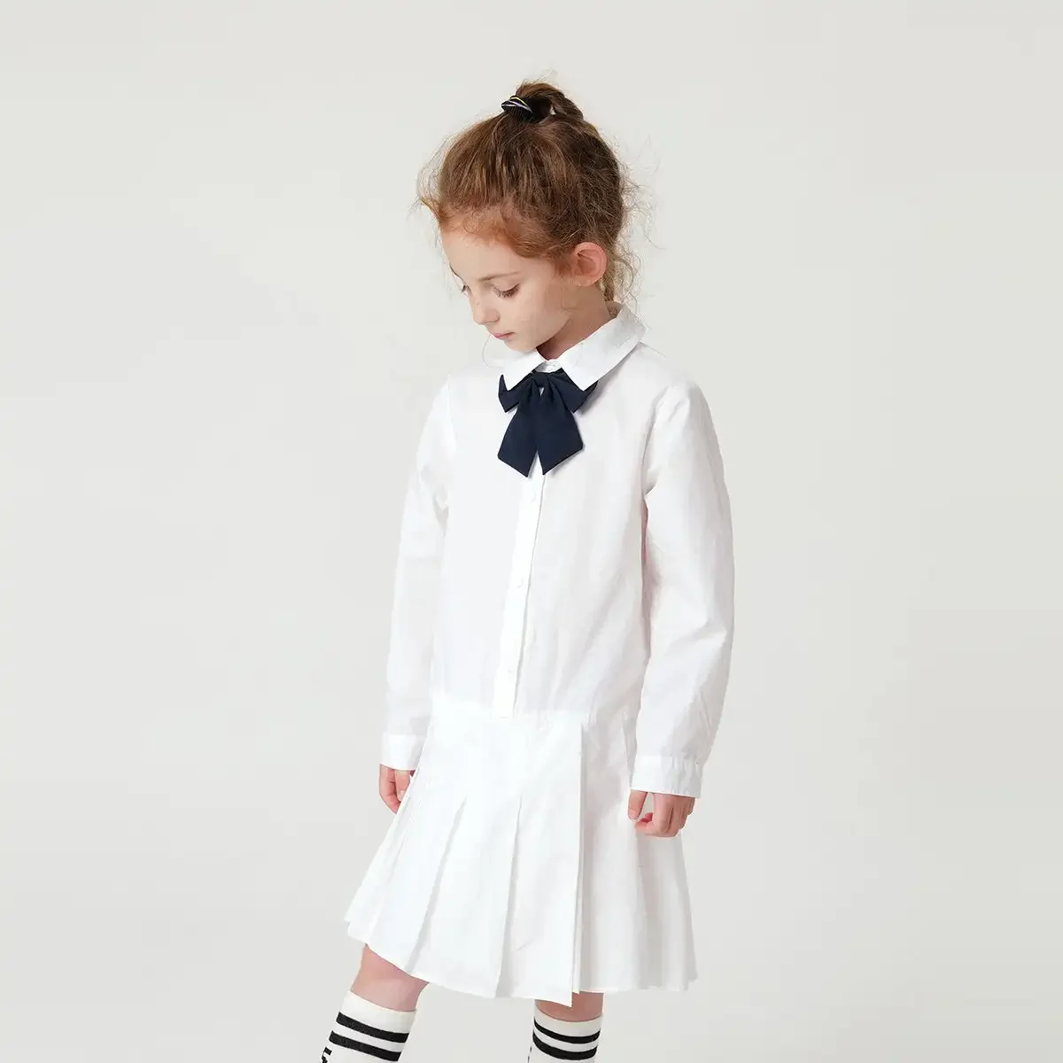 MARC&JANIE Preppy Style Girls Irregular Bow Pleated Dress Fall Long Sleeve Kids Dress 231388