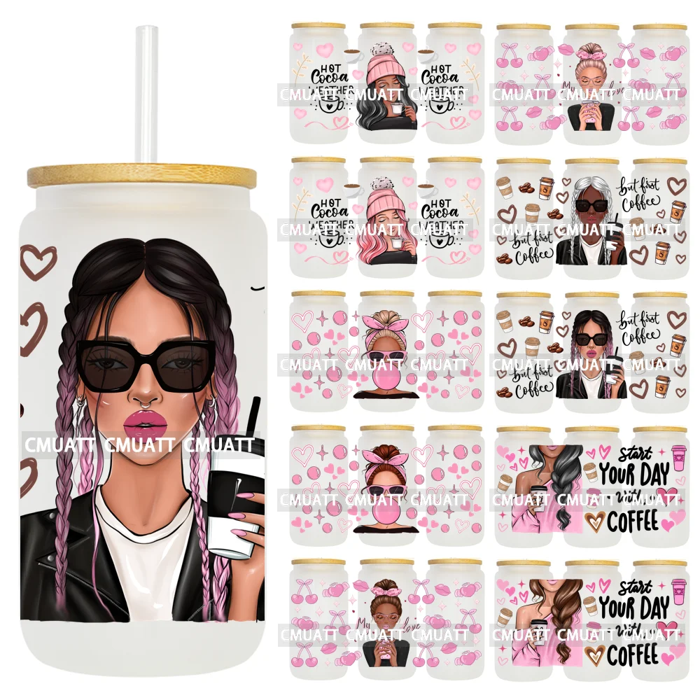 Fashion Girl Hot Cocoa Weather UV DTF Stickers Durable Waterproof Wraps Transfer Printing For 16oz Libbey Glass Cups Coffee Love