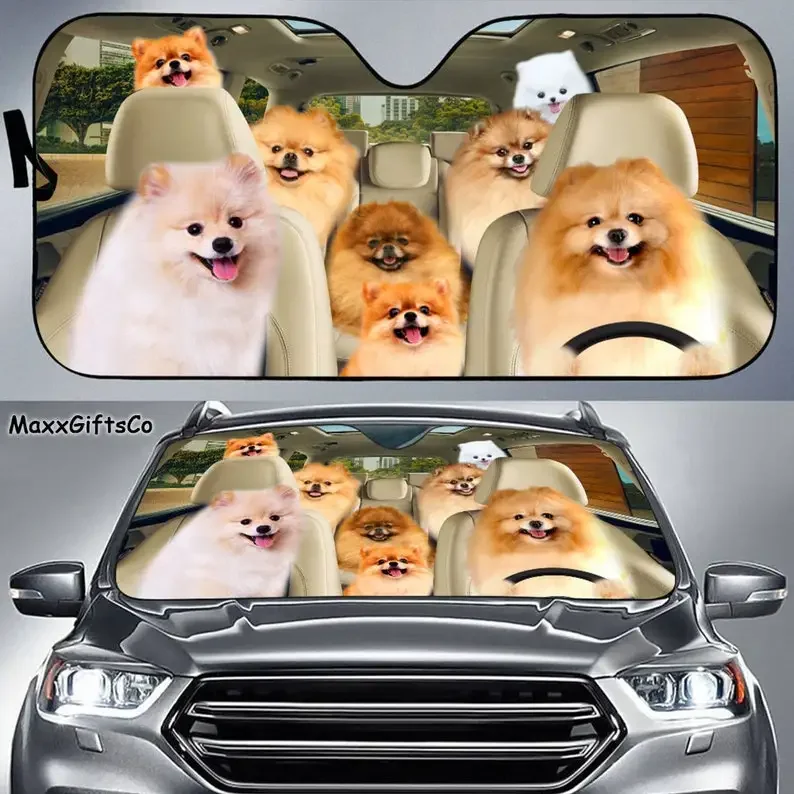 Pomeranian Car Sun Shade, Pomeranian Windshield, Dogs Family Sunshade, Dogs Car Accessories, Car Decoration, Gift For Dad, Mom