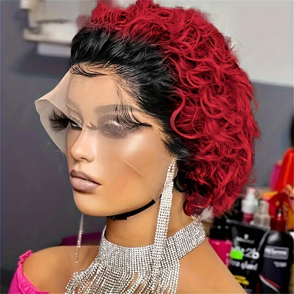 150% Dichtheid Remy Hair Pruik 13X1 Lace 6Inch Korte Krullend Mensenhaar Pruiken Voor Vrouwen 1Bbug Kleur Pixie Cut Dagelijks Feest Gebruik ﻿