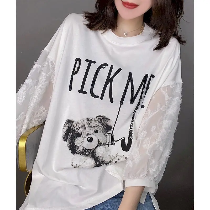 T-shirt in cotone T-shirt patchwork di design alla moda da donna T-shirt casual allentata con maniche a tre quarti 2024 T-shirt estetica di tendenza estiva