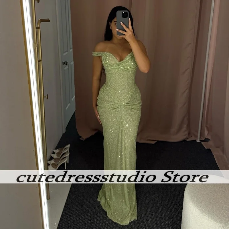 Robe de soirée formelle à paillettes vert clair pour femmes, épaules dénudées scintillantes, robes de soirée de mariage sirène, robes de bal personnalisées