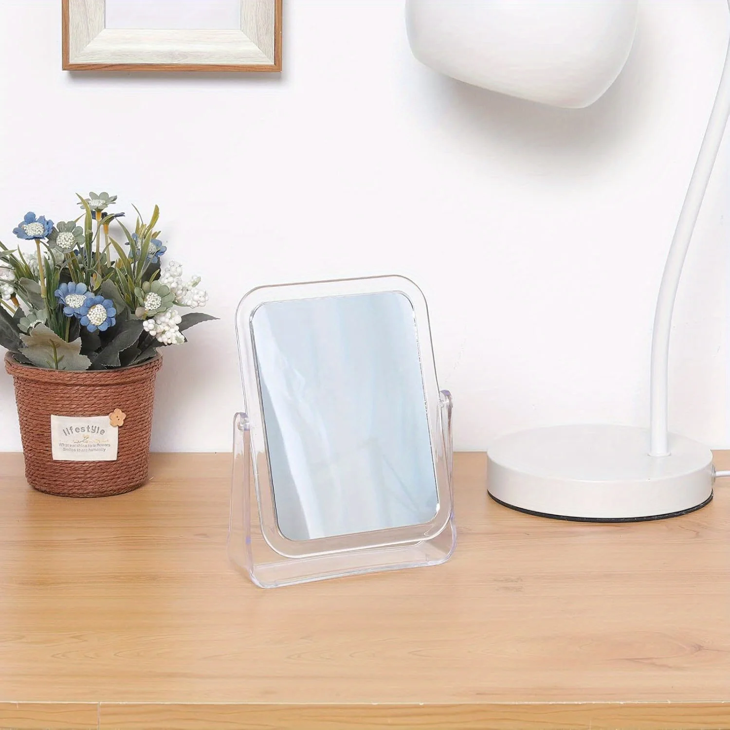 Espelho de maquiagem de mesa 360 °   Espelho flexível de rotação com suporte, espelho cosmético de mesa, bom para banho, barbear, viagem-retângulo