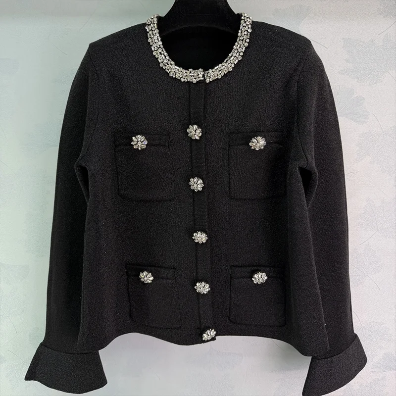 

Высококачественный женский кардиган с несколькими карманами и ромбовидной отделкой, элегантный и утягивающий, трикотаж 25122591